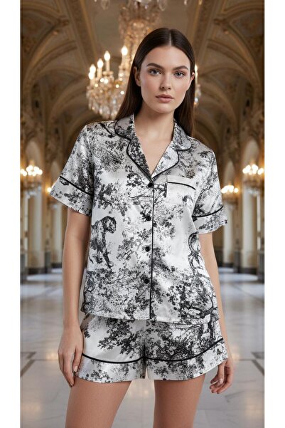 Miss Eliza Satin Shorts Shirt Collar 2-Piece Set