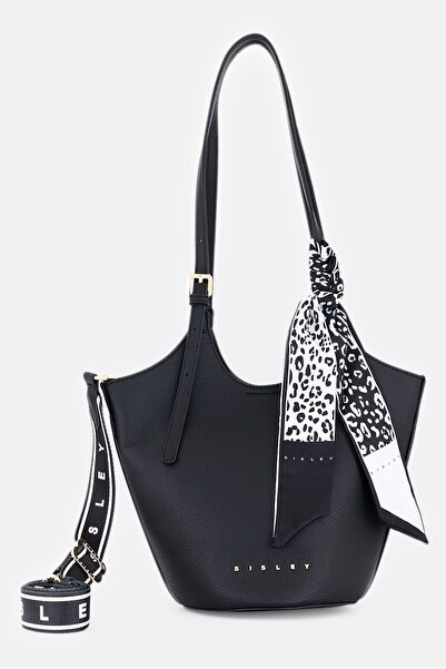 Sisley حقيبة كتف نسائية من الجلد تحمل شعار ماركة، لون أسود