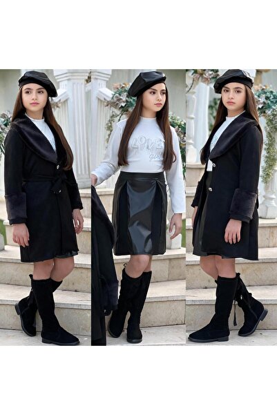 zavera for kids Girl's Leather 4-Piece Set - Plush Collar Suede Coat - Leathe...