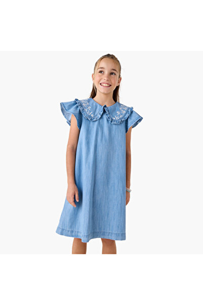 Lee Cooper Embroidered Denim Dress with Peter Pan Collar and Short Sleeves