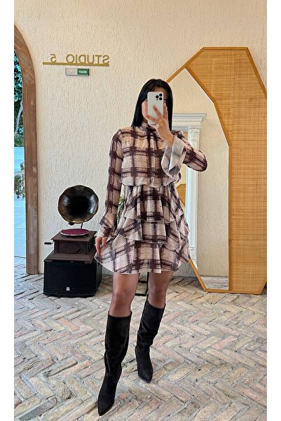 MY GRS Plaid Pattern Layered Chiffon Dress