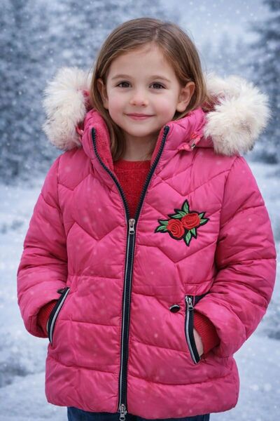 OEM Girl's winter jacket - Padded, with Hooded and fur, cyclamen pattern