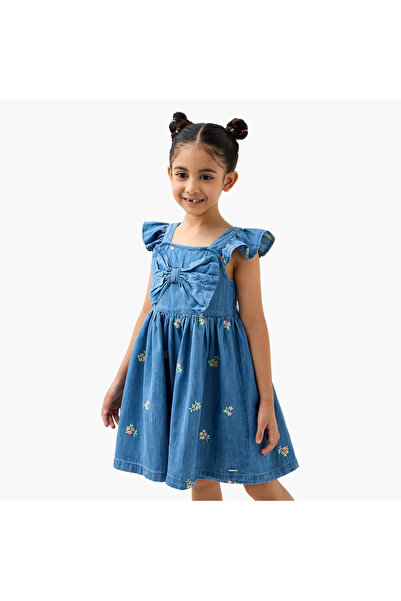 Lee Cooper Flower Embroidered Dress with Bow Detail and Ruffle Sleeves