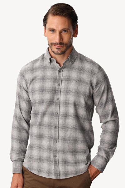 İgs Gray Dynamic Fit Buttoned Collar Plaid Long Sleeve Cotton Shirt