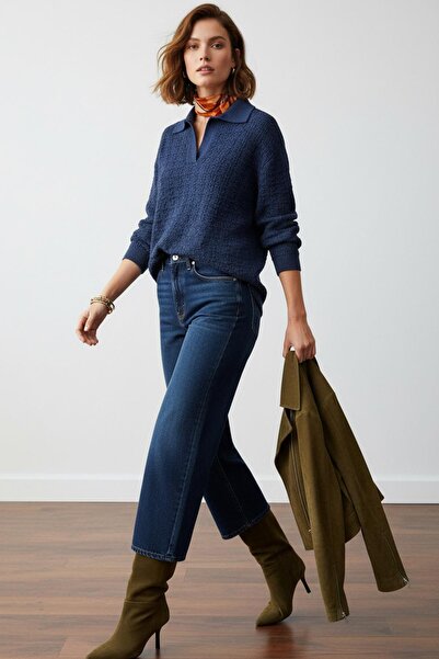 SHERIN Pulover tricotat cu guler polo albastru marin supradimensionat