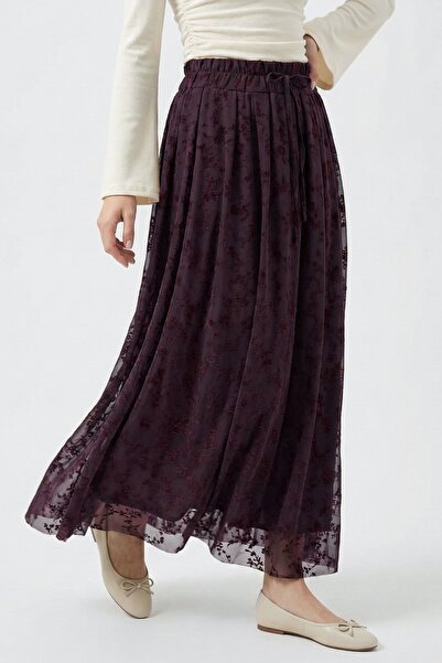 InStyle Floral Flocked Tulle Lined Burgundy Skirt