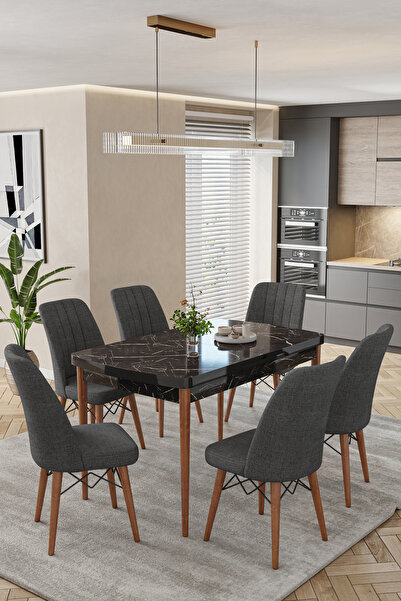 baresmu Karba Siyah Mermer 80X132 Açılabilir Sunta Masa Yemek Odası Takımı, M...