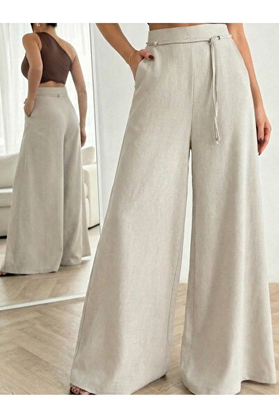 Kırmızı iz Yüksek Bel Geniş Paça Siyah Palazzo Pantolon - Bağlama Detaylı