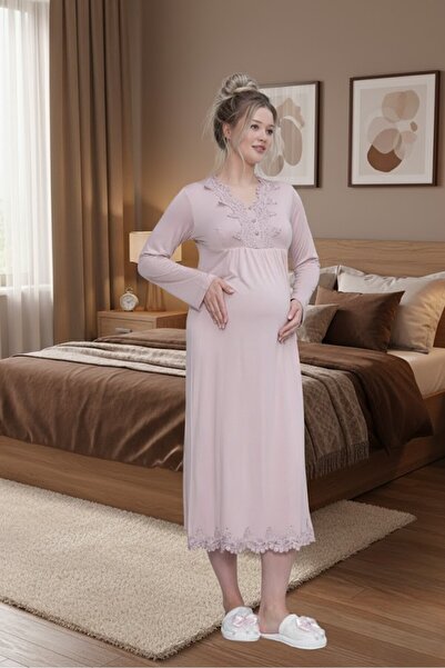 Lohusa Homewear Cămașă de noapte pentru gravide, cu mânecă lungă, cu design s...