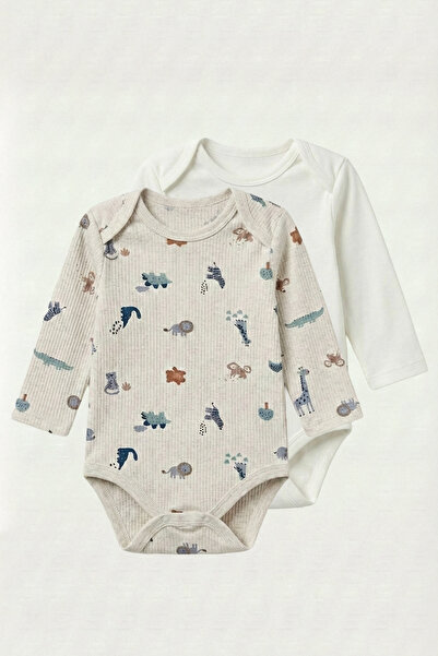 hepbaby Safari, Set of 2 Long Sleeve Snap Fastener Baby Bodysuits - Newborn–3...