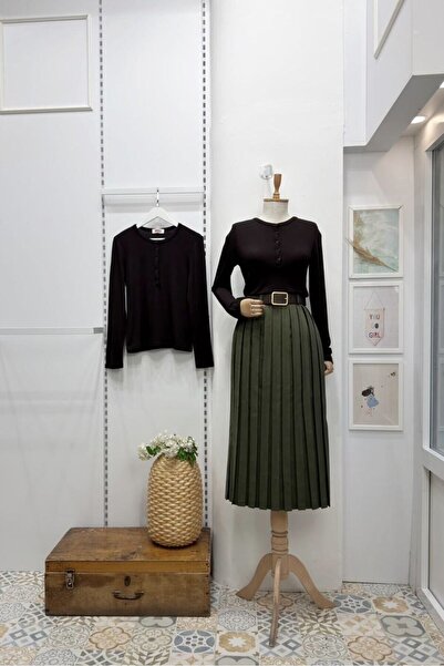 Faya Boutique Kemer Detaylı Haki Yeşili Fallow Pileli Etek