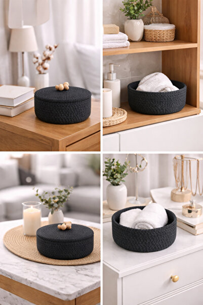 Berçak Home Coș organizator negru tricotat manual cu capac – 22 x 14 cm