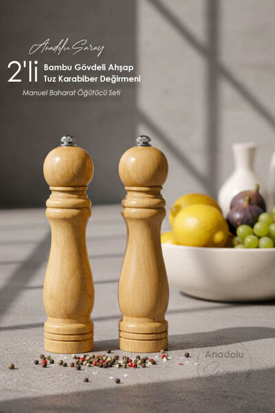 Anadolu Saray 2’li Set Bambu Gövdeli Ahşap Tuz Karabiber Değirmeni – Manuel B...