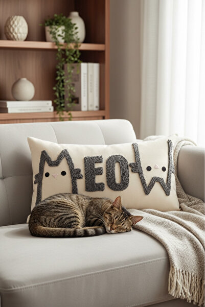 Bohodella 35x50 Meow Kedi Temalı Punch Kırkent Kılıfı, Punch Yastık Kılıfı