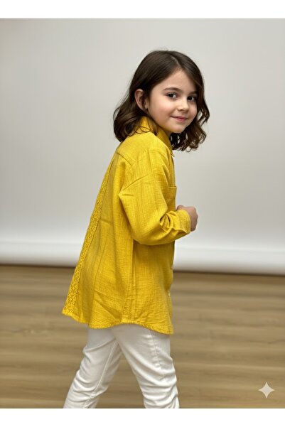 nk kids NK Kız Çocuk Arkası Dantelli Keten Gömlek
