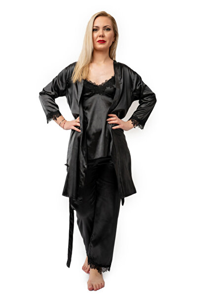 OEM Jessica 5-Piece Satin Pajama Set - Black, L(40)