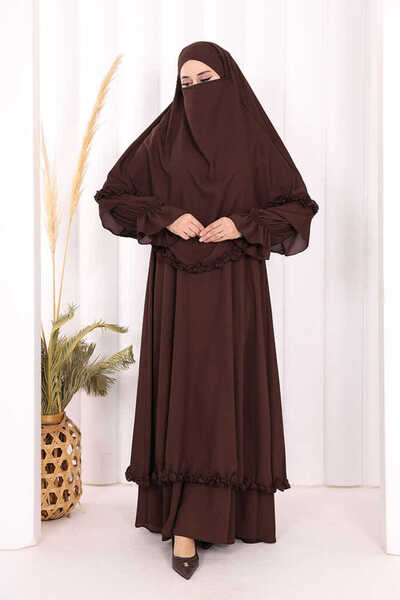 Bym Fashion Umre Sufleli, Elbise Takım ŞAL HEDİYE 3951 Kahverengi