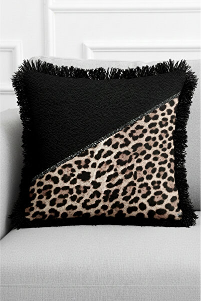 Lena Deco siyah püsküllü deri görünümlü leopar desen dijital baskı dekoratif ...