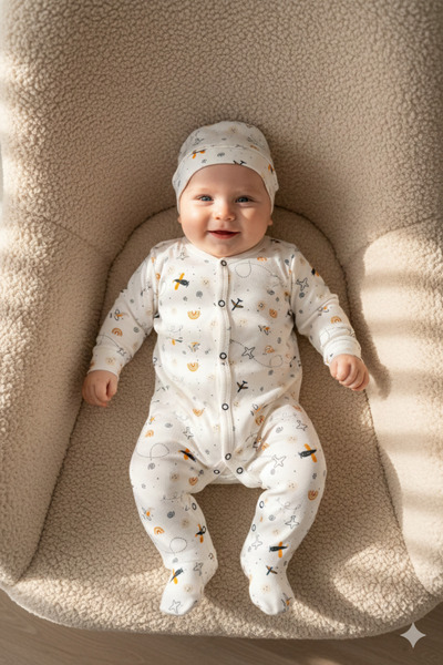 Miniday Baby Baby Girl Printed Jumpsuit with Hat and Heart