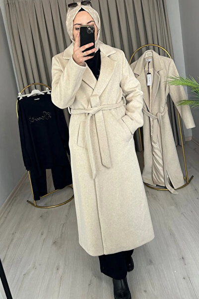 mooishan Belted Pocketed Knee-Length Long Cashmere Winter Women's Coat Beige