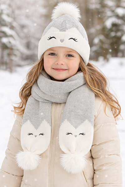 LC Waikiki Lcw Accessories Gray Pompom Girls' Scarf and Beanie