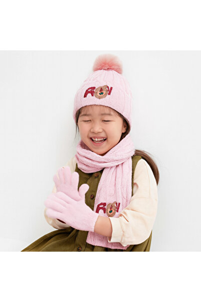 TAŞDELEN AVM Recos Children's Beanie Scarf Gloves 3-Piece Set with Fleece Ins...