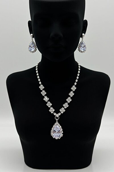 TAKIŞTIR Gümüş Renk Taş Detaylı Abiye Set