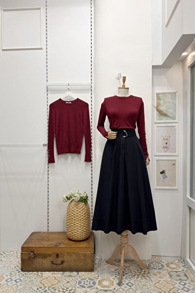 Faya Boutique Lacivert Kuşak Detaylı Terra Poplin Etek