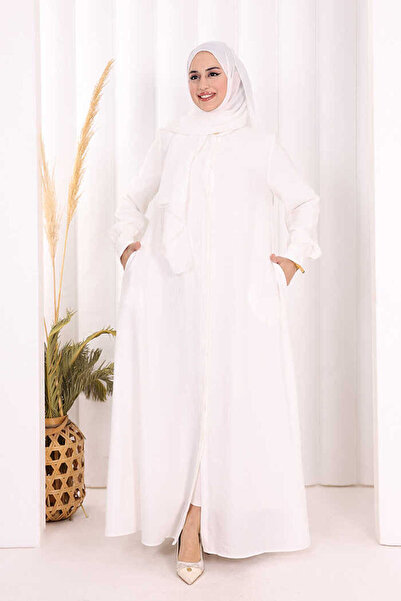 Bym Fashion Boydan Düğmeli Elbise 7053 Ekru