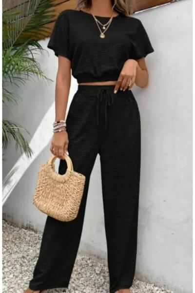 MODAGEN Kadın Siyah Bürümcük Crop Pantolon Takım