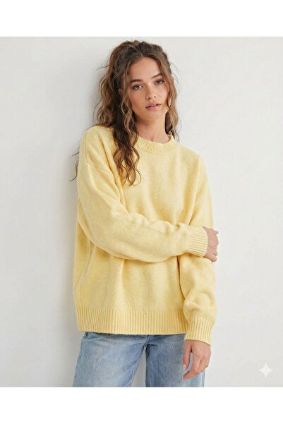 FAVORİST Women's Yellow Soft Textured Soft Crew Neck Casual Knit Sweater
