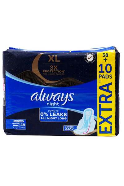 Always XL Night Pads, 3x Protection for Heavy Nights, Maxi Thick, 48 Pads
