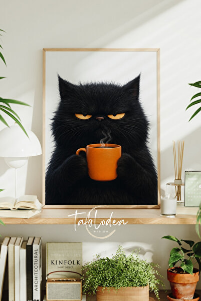 tablodea Poster înrămat cu tablou cu pisică neagră care bea cafea în stil Pin...