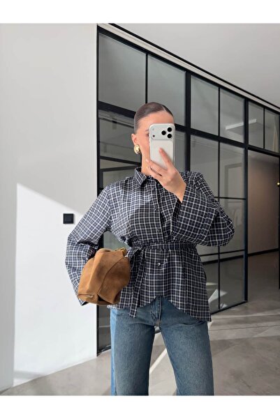 BB Bensu Buyruk Cămașă în carouri bleumarin cu legături, bej