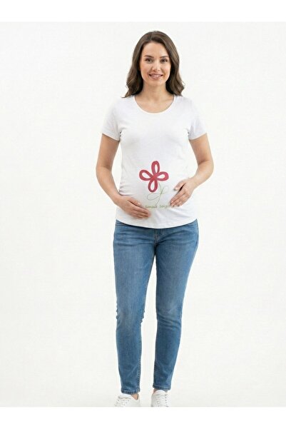 CAN ÇAPAR bumbac 100% Tricou alb de maternitate cu guler larg cu imprimeu