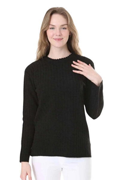 Stilmony سترة نسائية من الصوف المحبوك بياقة مستديرة ومرنة