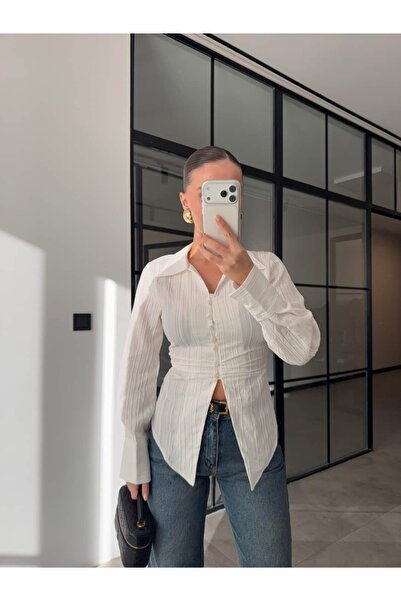 BB Bensu Buyruk BLUZĂ CU NASTURI ȘI DETALII DIN PIELE, CULOARE ECRU