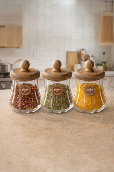 Kitchen Way Acacia Gasket Lid Glass Jar 550ml Airtight 3-Piece Storage Jar Se...