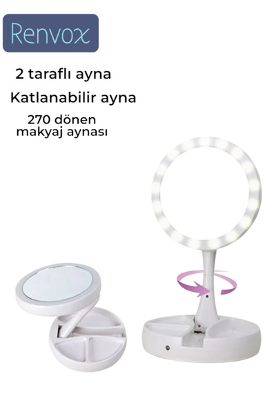Renvox Çift Taraflı LED Işıklı Makyaj Aynası 10X Büyüteçli Katlanabilir 270° ...