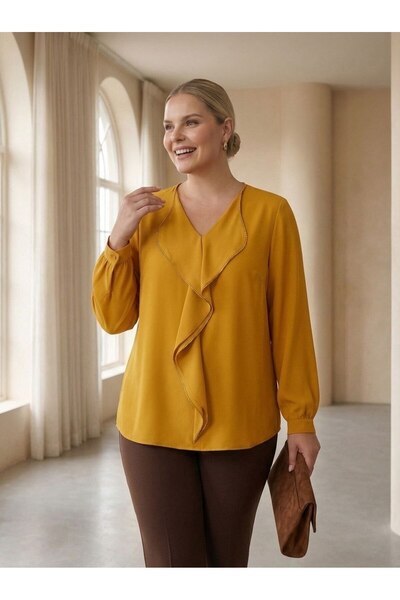 Hanezza Büyük Beden Şık Fırfırlı Abiye Bluz - İğne Oyası Boncuk Detaylı - Jes...