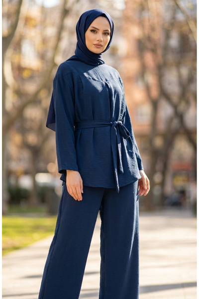 sefamerve طقم بنطلون تونيك من قماش ايروبين مكون من قطعتين 4141-03 نيلي