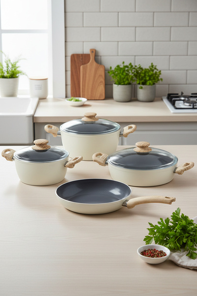 Masterchef 7 Parça Krem Seramik Tencere Seti – Ahşap Kulplu, Cam Kapaklı