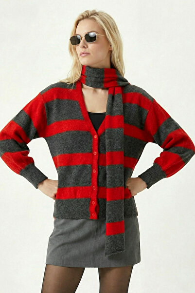 Lovelyİstanbul Striped Scarf Oversized Knitwear Cardigan Ldp0091 Anthracite Red