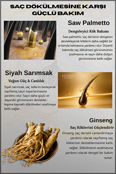 Elysian Essence Saw Palmetto & Siyah Sarımsak & Ginseng Şampuanı | Copper Peptidli Saç Dökülmesine Karşı Bakım 300ml