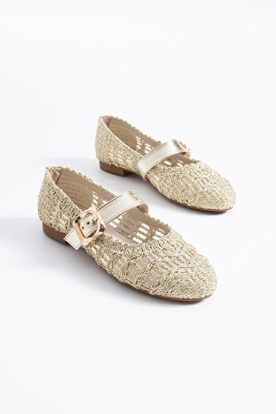 Moda Pie Balerina de damă Perme Kemer Atkılı Hasır, auriu, cu sclipici