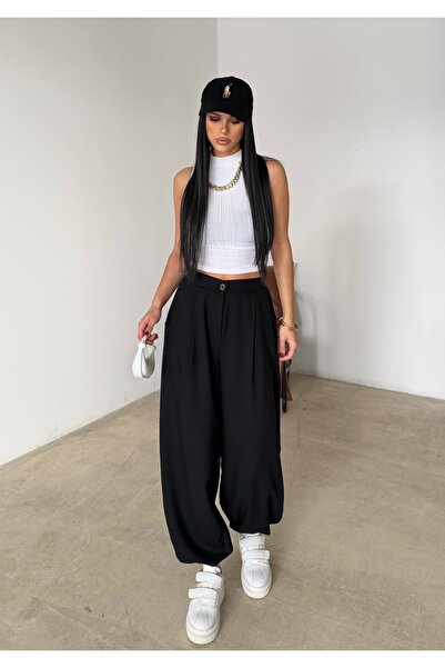 BEJNA Women's Black Pleated Oversized Woven Baggy Trousers