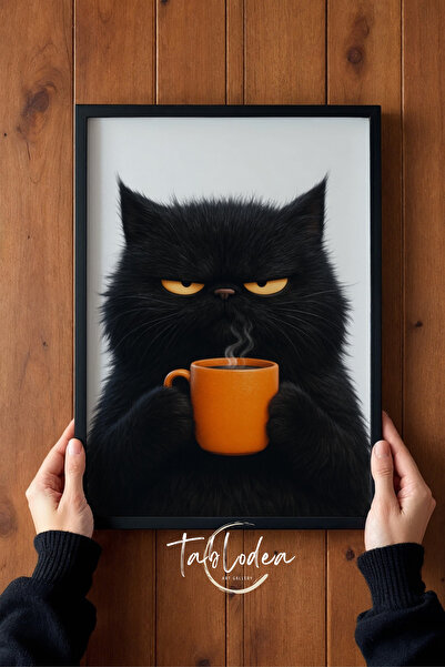 tablodea Poster înrămat cu tablou cu pisică neagră care bea cafea în stil Pin...