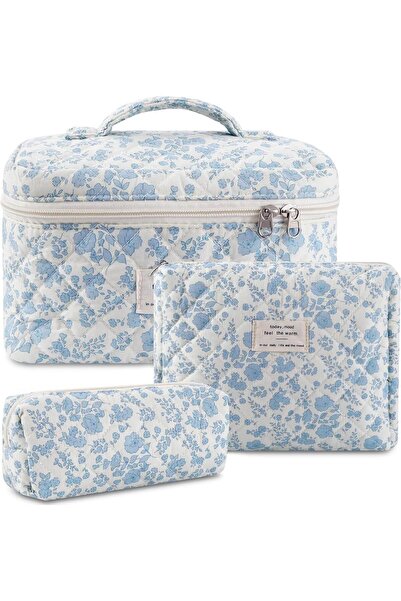 Bukela Portable Cotton Quilted Makeup Bag - White with Blue Floral Design, Av...