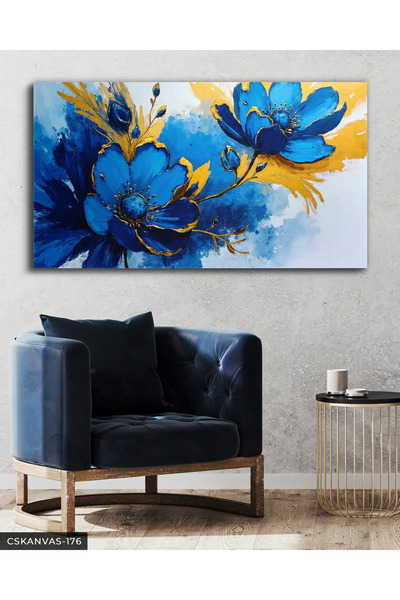 CeSht Blue Flower with Gold Detail One Piece Canvas, Canvas Painting
