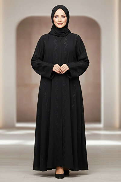 Muchmy Stylish Black Embroidered Abaya Front Open Muslim Arabic V-neck Long S...